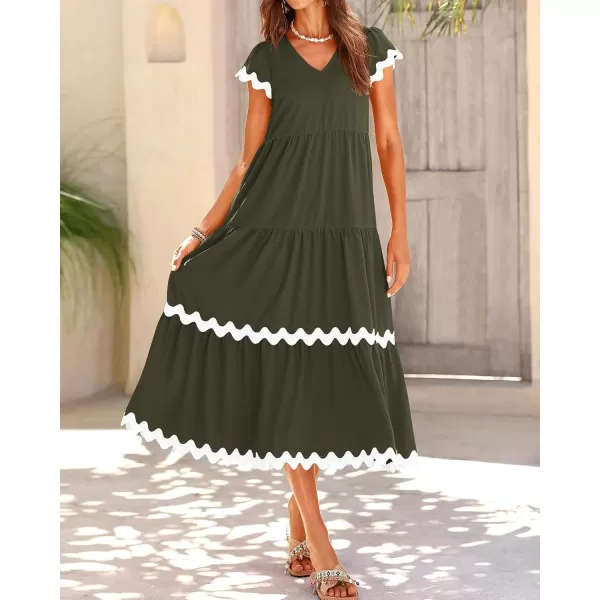 BTFBM Womens Summer Dresses 2024 V Neck Cap Sleeve Ric Rac Loose Tiered ALine Beach Vacation Midi Dress with PocketSolid Army Green