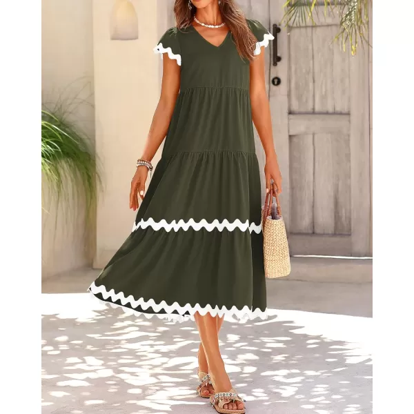 BTFBM Womens Summer Dresses 2024 V Neck Cap Sleeve Ric Rac Loose Tiered ALine Beach Vacation Midi Dress with PocketSolid Army Green