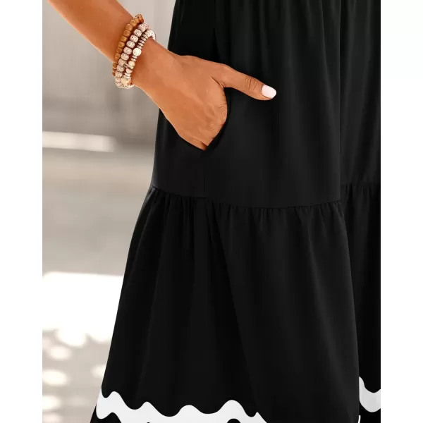 BTFBM Womens Summer Dresses 2024 V Neck Cap Sleeve Ric Rac Loose Tiered ALine Beach Vacation Midi Dress with PocketSolid Black
