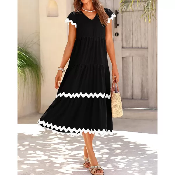 BTFBM Womens Summer Dresses 2024 V Neck Cap Sleeve Ric Rac Loose Tiered ALine Beach Vacation Midi Dress with PocketSolid Black