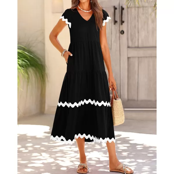 BTFBM Womens Summer Dresses 2024 V Neck Cap Sleeve Ric Rac Loose Tiered ALine Beach Vacation Midi Dress with PocketSolid Black