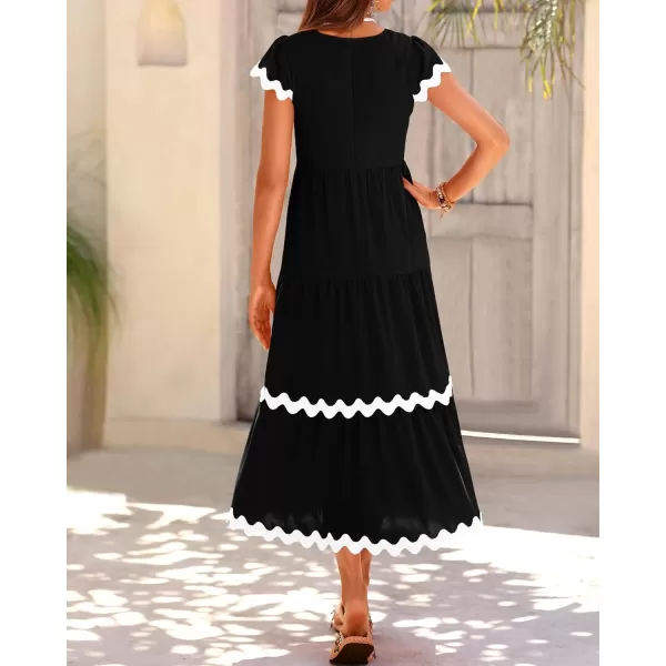 BTFBM Womens Summer Dresses 2024 V Neck Cap Sleeve Ric Rac Loose Tiered ALine Beach Vacation Midi Dress with PocketSolid Black