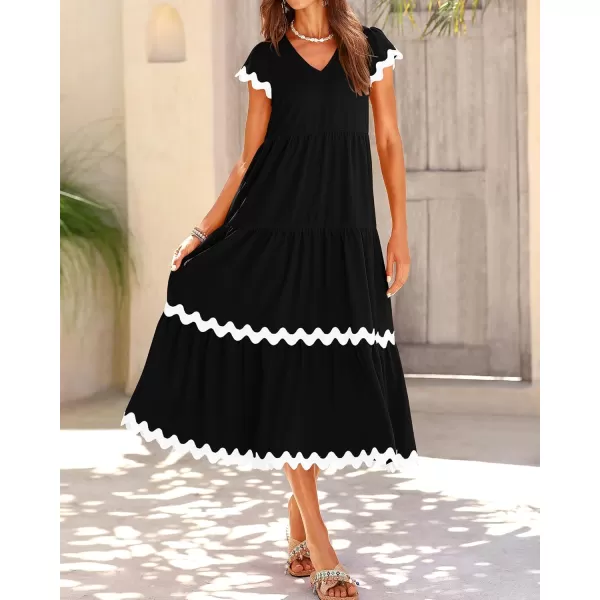 BTFBM Womens Summer Dresses 2024 V Neck Cap Sleeve Ric Rac Loose Tiered ALine Beach Vacation Midi Dress with PocketSolid Black