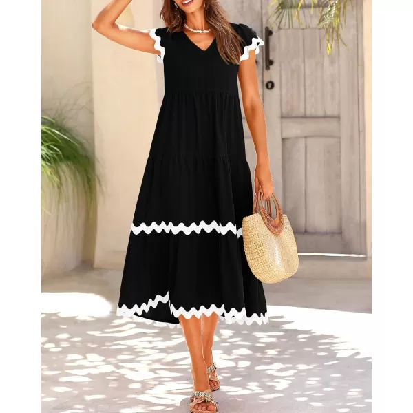 BTFBM Womens Summer Dresses 2024 V Neck Cap Sleeve Ric Rac Loose Tiered ALine Beach Vacation Midi Dress with PocketSolid Black