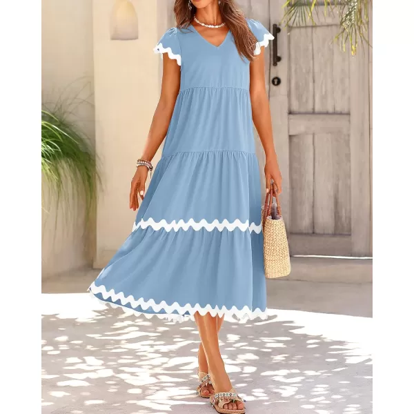 BTFBM Womens Summer Dresses 2024 V Neck Cap Sleeve Ric Rac Loose Tiered ALine Beach Vacation Midi Dress with PocketSolid Light Blue