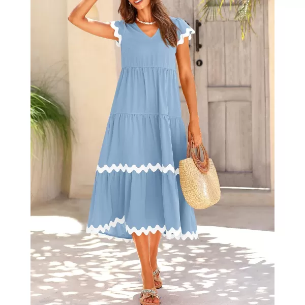 BTFBM Womens Summer Dresses 2024 V Neck Cap Sleeve Ric Rac Loose Tiered ALine Beach Vacation Midi Dress with PocketSolid Light Blue
