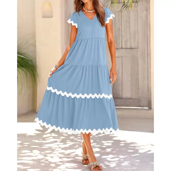 BTFBM Womens Summer Dresses 2024 V Neck Cap Sleeve Ric Rac Loose Tiered ALine Beach Vacation Midi Dress with PocketSolid Light Blue