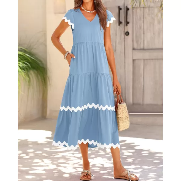 BTFBM Womens Summer Dresses 2024 V Neck Cap Sleeve Ric Rac Loose Tiered ALine Beach Vacation Midi Dress with PocketSolid Light Blue