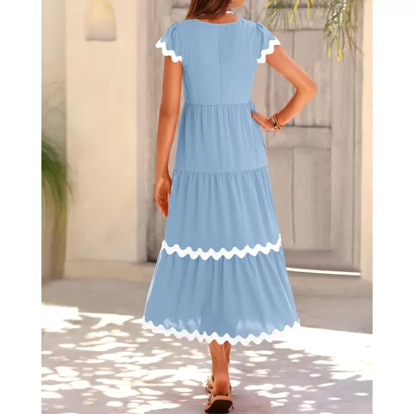 BTFBM Womens Summer Dresses 2024 V Neck Cap Sleeve Ric Rac Loose Tiered ALine Beach Vacation Midi Dress with PocketSolid Light Blue