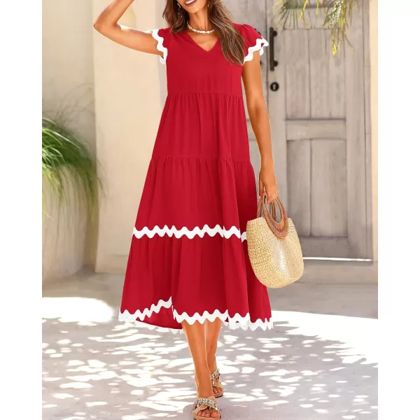 BTFBM Womens Summer Dresses 2024 V Neck Cap Sleeve Ric Rac Loose Tiered ALine Beach Vacation Midi Dress with PocketSolid Red