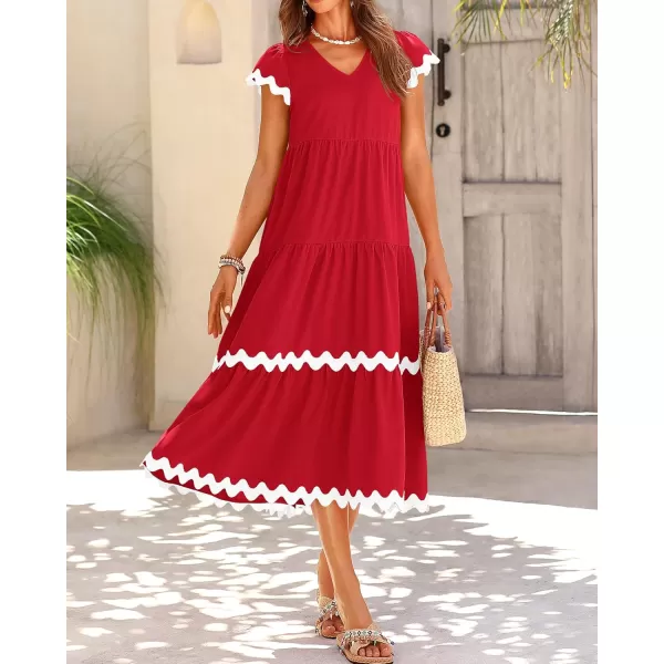 BTFBM Womens Summer Dresses 2024 V Neck Cap Sleeve Ric Rac Loose Tiered ALine Beach Vacation Midi Dress with PocketSolid Red