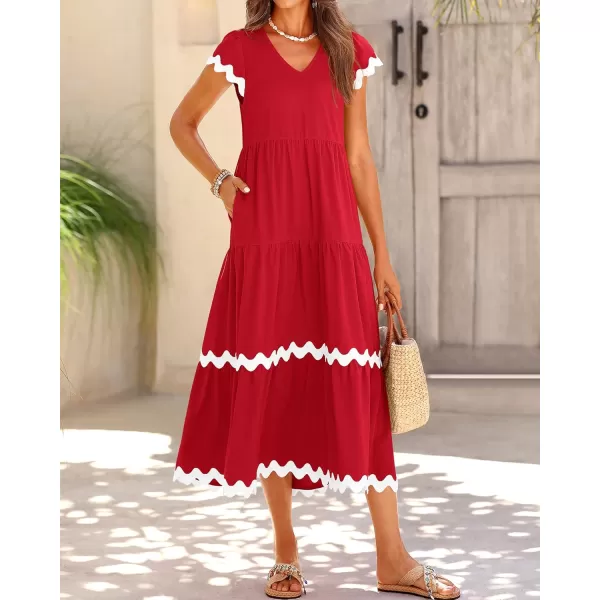 BTFBM Womens Summer Dresses 2024 V Neck Cap Sleeve Ric Rac Loose Tiered ALine Beach Vacation Midi Dress with PocketSolid Red