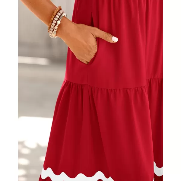 BTFBM Womens Summer Dresses 2024 V Neck Cap Sleeve Ric Rac Loose Tiered ALine Beach Vacation Midi Dress with PocketSolid Red
