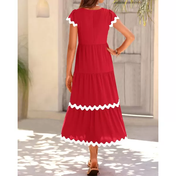BTFBM Womens Summer Dresses 2024 V Neck Cap Sleeve Ric Rac Loose Tiered ALine Beach Vacation Midi Dress with PocketSolid Red