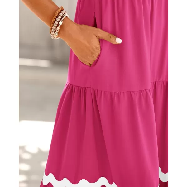 BTFBM Womens Summer Dresses 2024 V Neck Cap Sleeve Ric Rac Loose Tiered ALine Beach Vacation Midi Dress with PocketSolid Rose Red