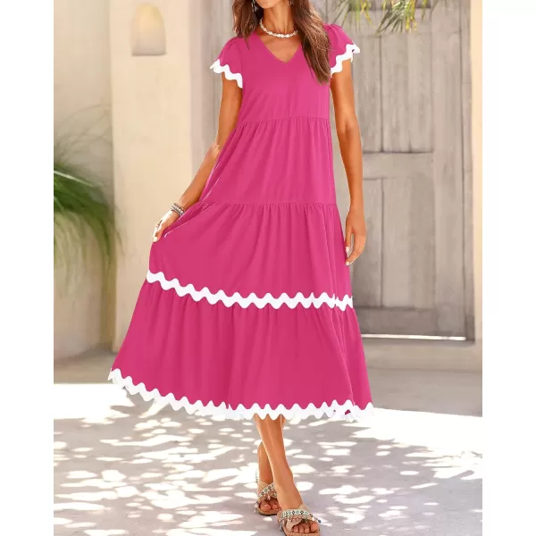 BTFBM Womens Summer Dresses 2024 V Neck Cap Sleeve Ric Rac Loose Tiered ALine Beach Vacation Midi Dress with PocketSolid Rose Red