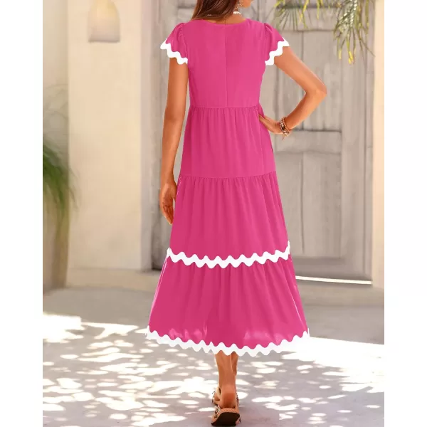 BTFBM Womens Summer Dresses 2024 V Neck Cap Sleeve Ric Rac Loose Tiered ALine Beach Vacation Midi Dress with PocketSolid Rose Red