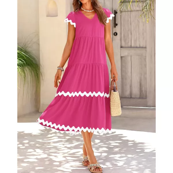 BTFBM Womens Summer Dresses 2024 V Neck Cap Sleeve Ric Rac Loose Tiered ALine Beach Vacation Midi Dress with PocketSolid Rose Red