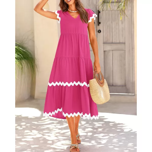 BTFBM Womens Summer Dresses 2024 V Neck Cap Sleeve Ric Rac Loose Tiered ALine Beach Vacation Midi Dress with PocketSolid Rose Red