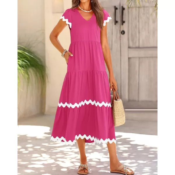 BTFBM Womens Summer Dresses 2024 V Neck Cap Sleeve Ric Rac Loose Tiered ALine Beach Vacation Midi Dress with PocketSolid Rose Red