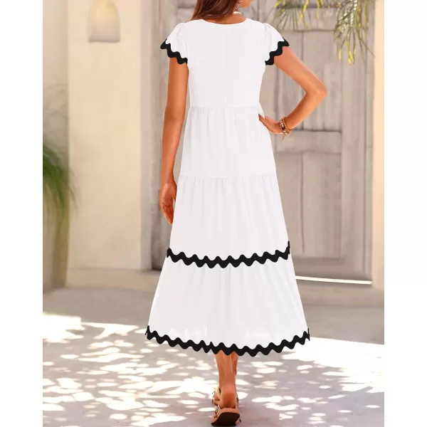 BTFBM Womens Summer Dresses 2024 V Neck Cap Sleeve Ric Rac Loose Tiered ALine Beach Vacation Midi Dress with PocketSolid White