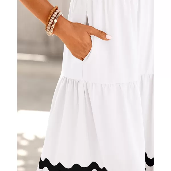 BTFBM Womens Summer Dresses 2024 V Neck Cap Sleeve Ric Rac Loose Tiered ALine Beach Vacation Midi Dress with PocketSolid White