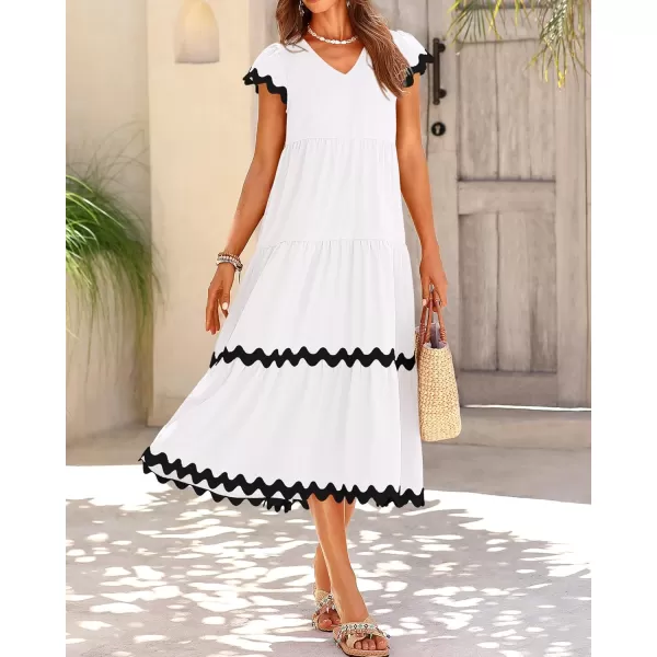 BTFBM Womens Summer Dresses 2024 V Neck Cap Sleeve Ric Rac Loose Tiered ALine Beach Vacation Midi Dress with PocketSolid White