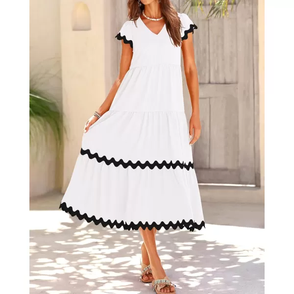 BTFBM Womens Summer Dresses 2024 V Neck Cap Sleeve Ric Rac Loose Tiered ALine Beach Vacation Midi Dress with PocketSolid White