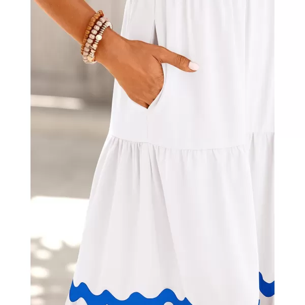 BTFBM Womens Summer Dresses 2024 V Neck Cap Sleeve Ric Rac Loose Tiered ALine Beach Vacation Midi Dress with PocketSolid White Blue