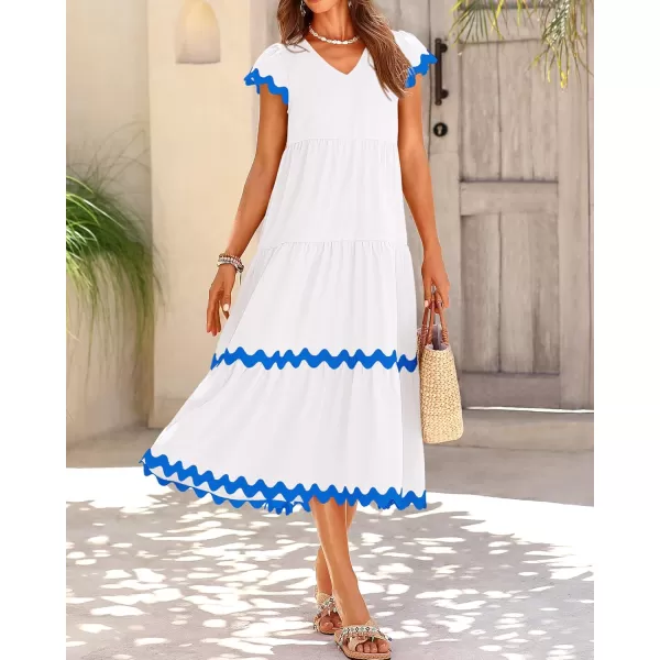 BTFBM Womens Summer Dresses 2024 V Neck Cap Sleeve Ric Rac Loose Tiered ALine Beach Vacation Midi Dress with PocketSolid White Blue