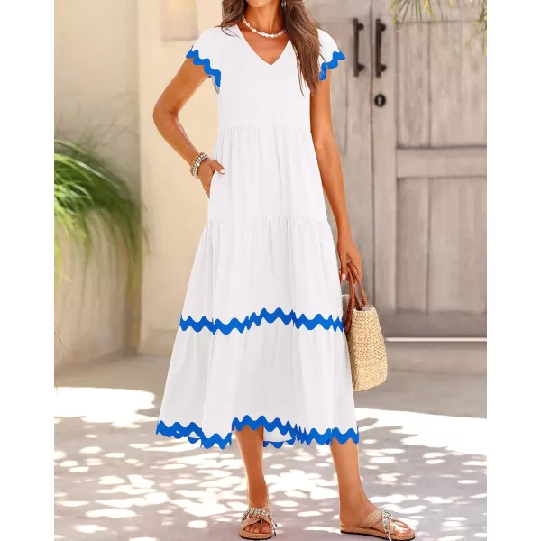 BTFBM Womens Summer Dresses 2024 V Neck Cap Sleeve Ric Rac Loose Tiered ALine Beach Vacation Midi Dress with PocketSolid White Blue