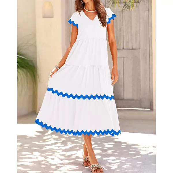 BTFBM Womens Summer Dresses 2024 V Neck Cap Sleeve Ric Rac Loose Tiered ALine Beach Vacation Midi Dress with PocketSolid White Blue