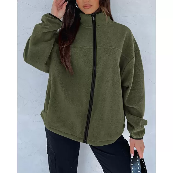 BTFBM Womens Zip Up Fleece Jackets Stand Collar 2024 Fall Winter Outerwear Casual Fuzzy Coats with PocketsArmy Green