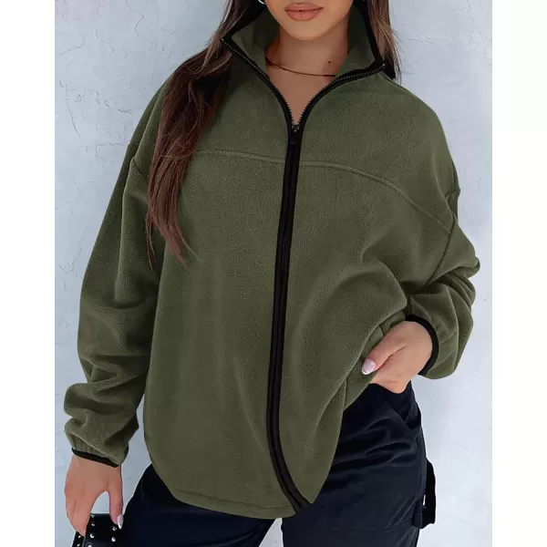 BTFBM Womens Zip Up Fleece Jackets Stand Collar 2024 Fall Winter Outerwear Casual Fuzzy Coats with PocketsArmy Green