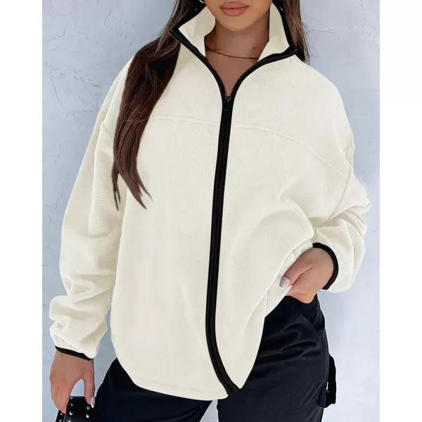 BTFBM Womens Zip Up Fleece Jackets Stand Collar 2024 Fall Winter Outerwear Casual Fuzzy Coats with PocketsBeige White