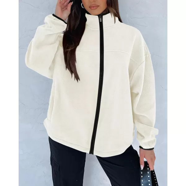 BTFBM Womens Zip Up Fleece Jackets Stand Collar 2024 Fall Winter Outerwear Casual Fuzzy Coats with PocketsBeige White