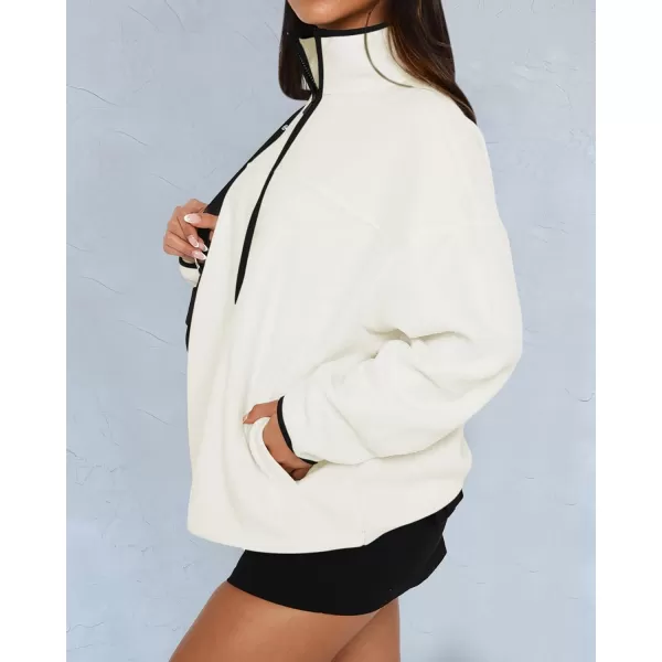 BTFBM Womens Zip Up Fleece Jackets Stand Collar 2024 Fall Winter Outerwear Casual Fuzzy Coats with PocketsBeige White