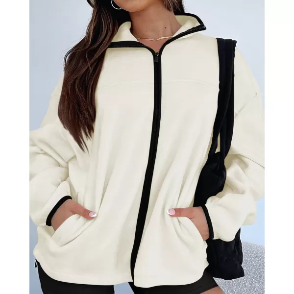 BTFBM Womens Zip Up Fleece Jackets Stand Collar 2024 Fall Winter Outerwear Casual Fuzzy Coats with PocketsBeige White