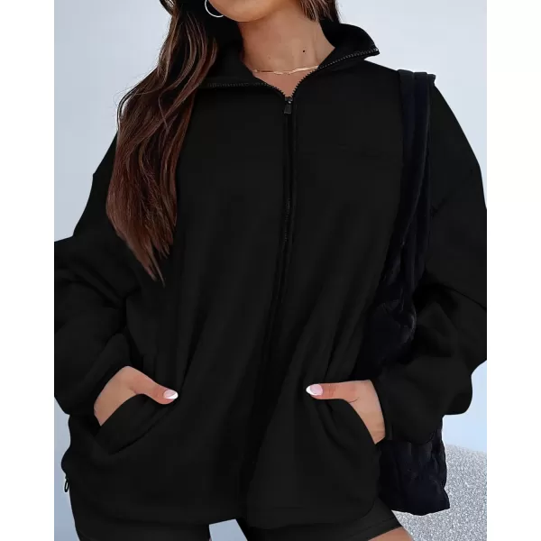 BTFBM Womens Zip Up Fleece Jackets Stand Collar 2024 Fall Winter Outerwear Casual Fuzzy Coats with PocketsBlack