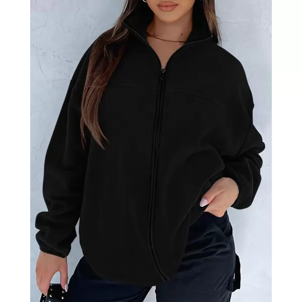 BTFBM Womens Zip Up Fleece Jackets Stand Collar 2024 Fall Winter Outerwear Casual Fuzzy Coats with PocketsBlack