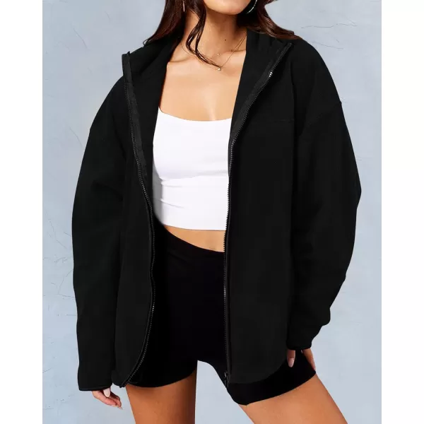 BTFBM Womens Zip Up Fleece Jackets Stand Collar 2024 Fall Winter Outerwear Casual Fuzzy Coats with PocketsBlack