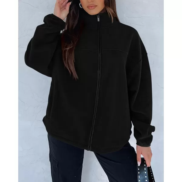 BTFBM Womens Zip Up Fleece Jackets Stand Collar 2024 Fall Winter Outerwear Casual Fuzzy Coats with PocketsBlack