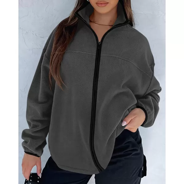 BTFBM Womens Zip Up Fleece Jackets Stand Collar 2024 Fall Winter Outerwear Casual Fuzzy Coats with PocketsDark Grey