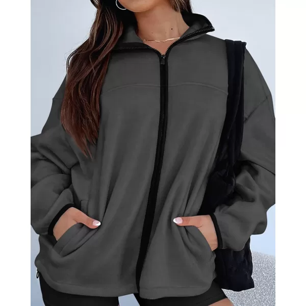 BTFBM Womens Zip Up Fleece Jackets Stand Collar 2024 Fall Winter Outerwear Casual Fuzzy Coats with PocketsDark Grey
