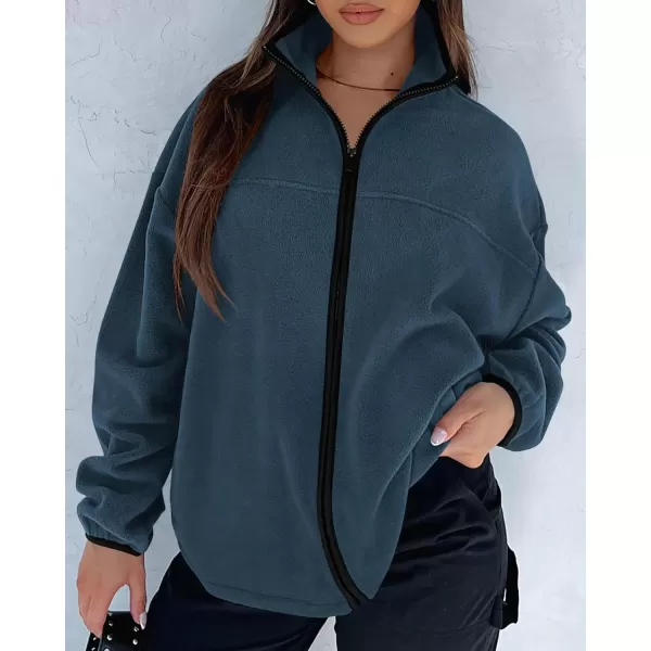 BTFBM Womens Zip Up Fleece Jackets Stand Collar 2024 Fall Winter Outerwear Casual Fuzzy Coats with PocketsGrey Blue