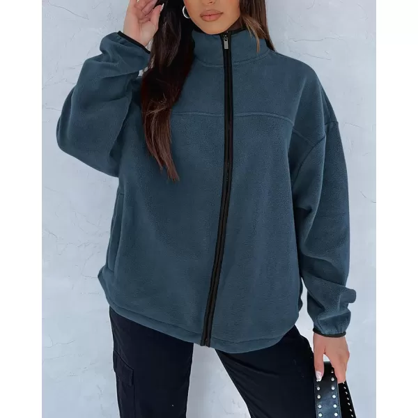 BTFBM Womens Zip Up Fleece Jackets Stand Collar 2024 Fall Winter Outerwear Casual Fuzzy Coats with PocketsGrey Blue