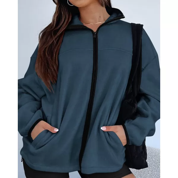 BTFBM Womens Zip Up Fleece Jackets Stand Collar 2024 Fall Winter Outerwear Casual Fuzzy Coats with PocketsGrey Blue
