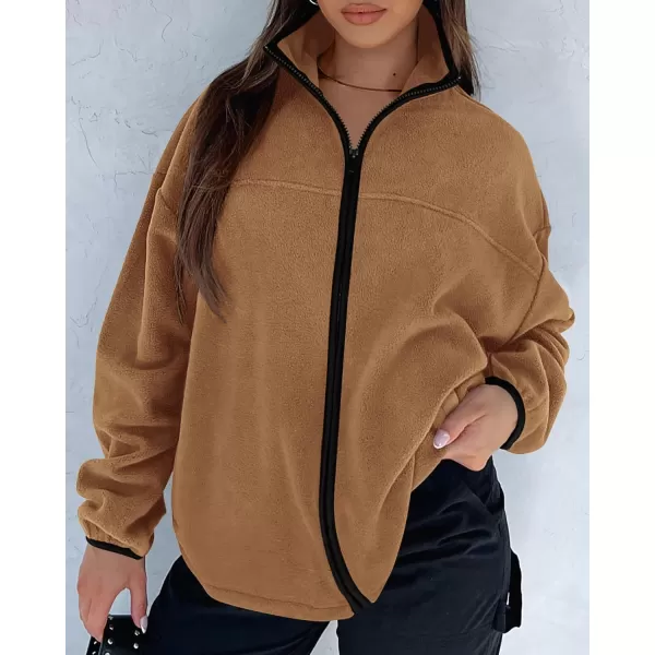 BTFBM Womens Zip Up Fleece Jackets Stand Collar 2024 Fall Winter Outerwear Casual Fuzzy Coats with PocketsKhaki