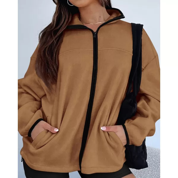 BTFBM Womens Zip Up Fleece Jackets Stand Collar 2024 Fall Winter Outerwear Casual Fuzzy Coats with PocketsKhaki