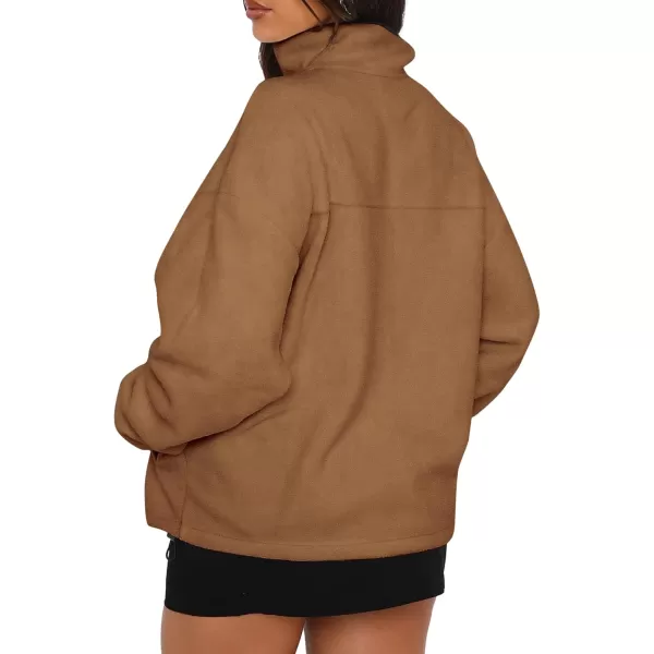 BTFBM Womens Zip Up Fleece Jackets Stand Collar 2024 Fall Winter Outerwear Casual Fuzzy Coats with PocketsKhaki